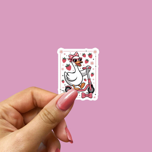 Coquette Goose Sticker – Cute Aesthetic Goose with Bow, Cottagecore Vinyl Sticker, Kawaii Animal Sticker , Journal, Goose on a scooter