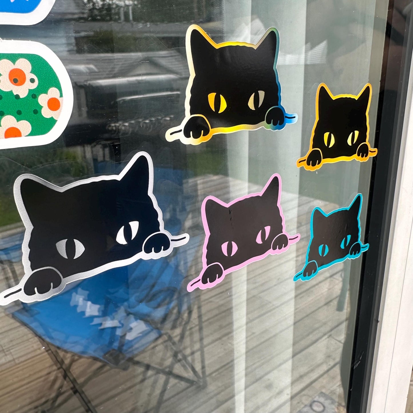 Peeking black cat vinyl decal for luggage, laptop, car bumper and journal, waterproof decal, holographic vinyl sticker, pet lover sticker