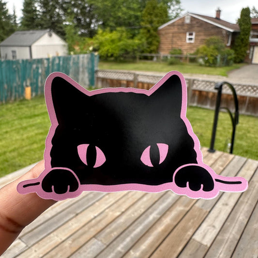 Peeking black cat vinyl decal for luggage, laptop, car bumper and journal, waterproof decal, holographic vinyl sticker, pet lover sticker