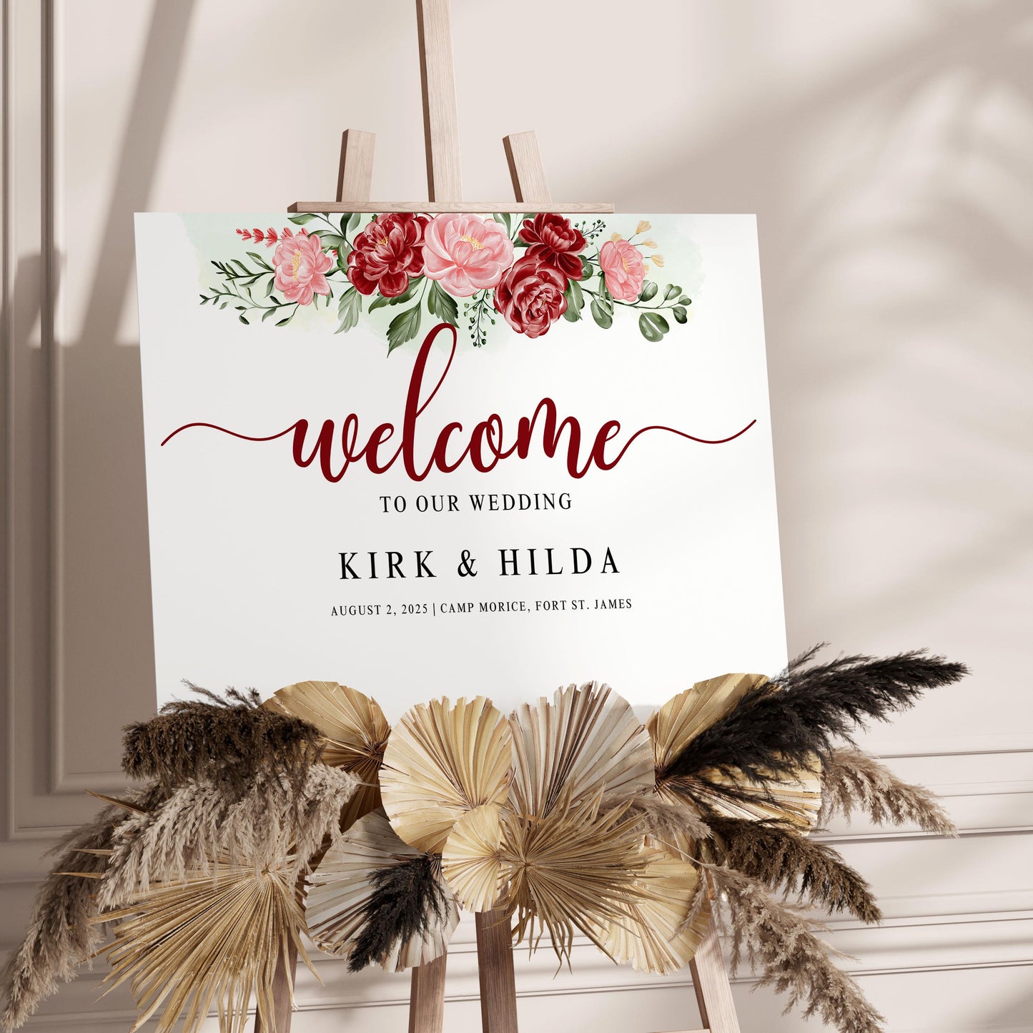 Personalized Wedding Welcome Sign: White Floral Foam Board Decor (20x30")