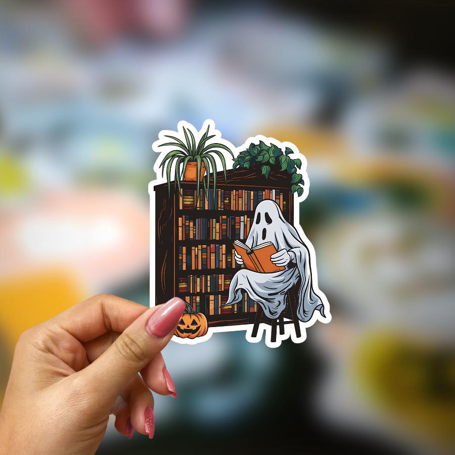 Boo Ghost Reading Sticker: Waterproof Halloween Book Lover Vinyl Decal