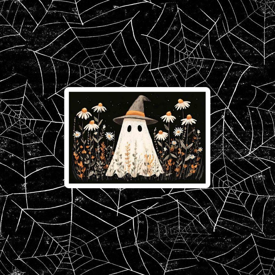Floral Ghost Sticker: Waterproof Vinyl Halloween Decal