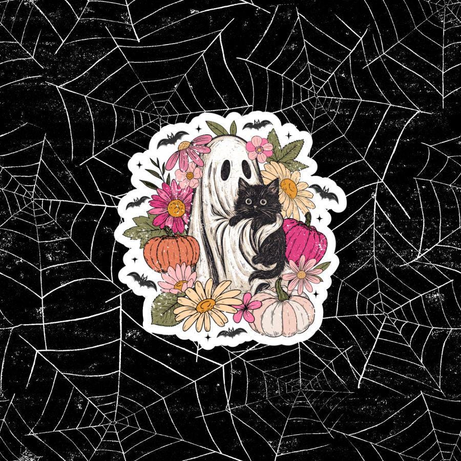 Boo Ghost with Black Cat Sticker: Waterproof Halloween Vinyl Decal