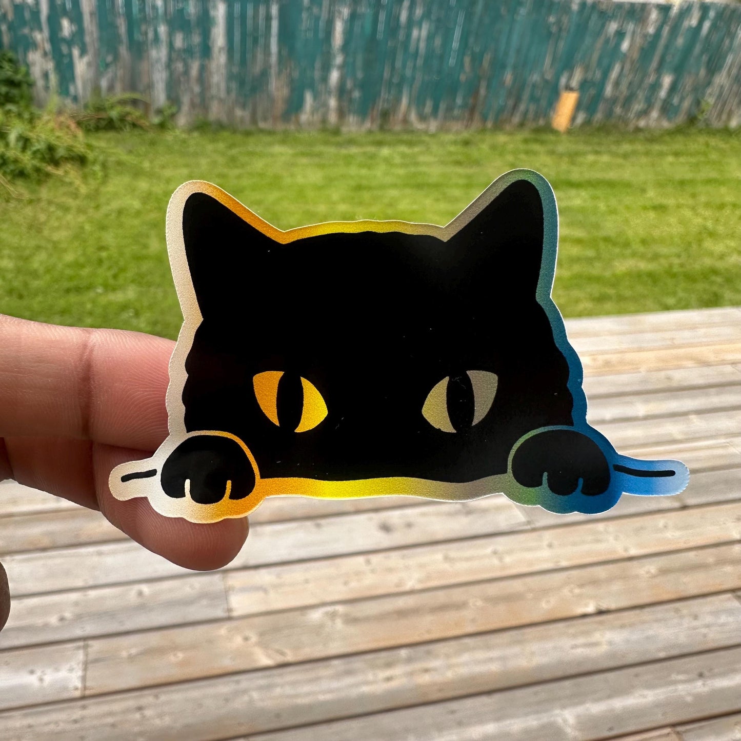 Peeking black cat vinyl decal for luggage, laptop, car bumper and journal, waterproof decal, holographic vinyl sticker, pet lover sticker