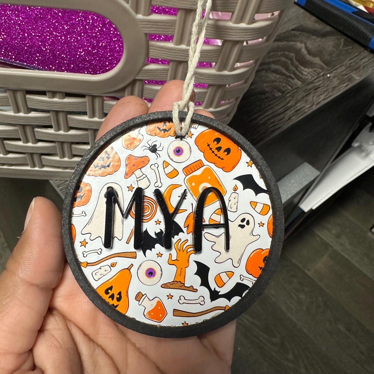 Personalized Halloween Ornament: Acrylic & Wood Pumpkin Name Tag
