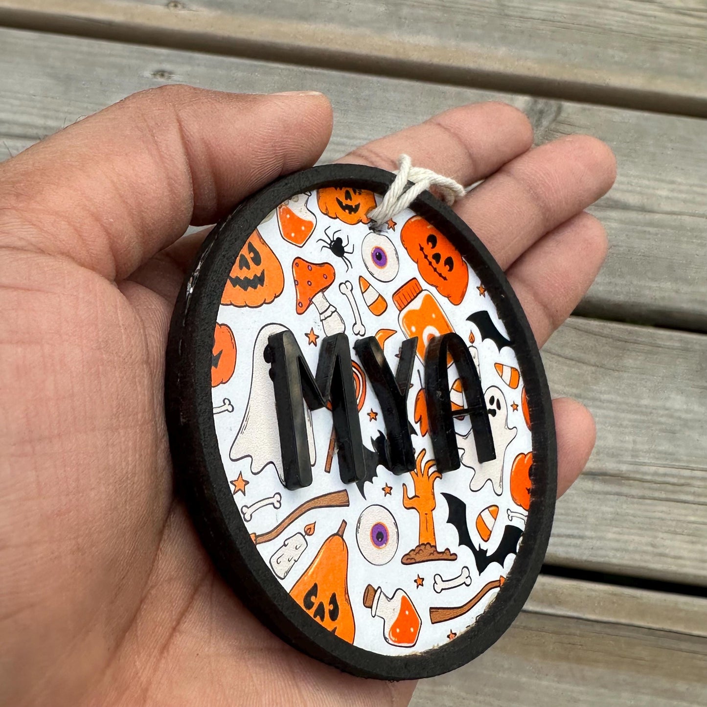 Personalized Halloween Ornament: Acrylic & Wood Pumpkin Name Tag