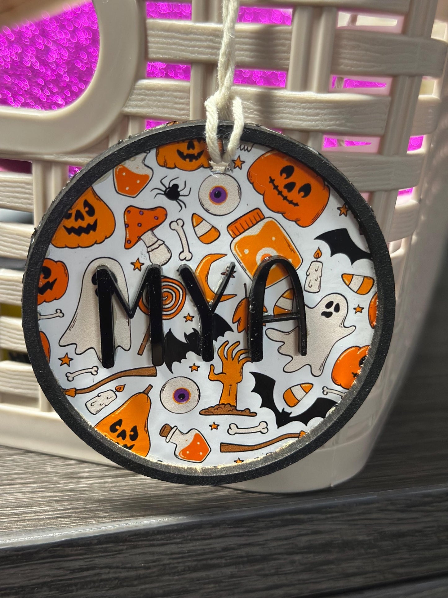 Personalized Halloween Ornament: Acrylic & Wood Pumpkin Name Tag