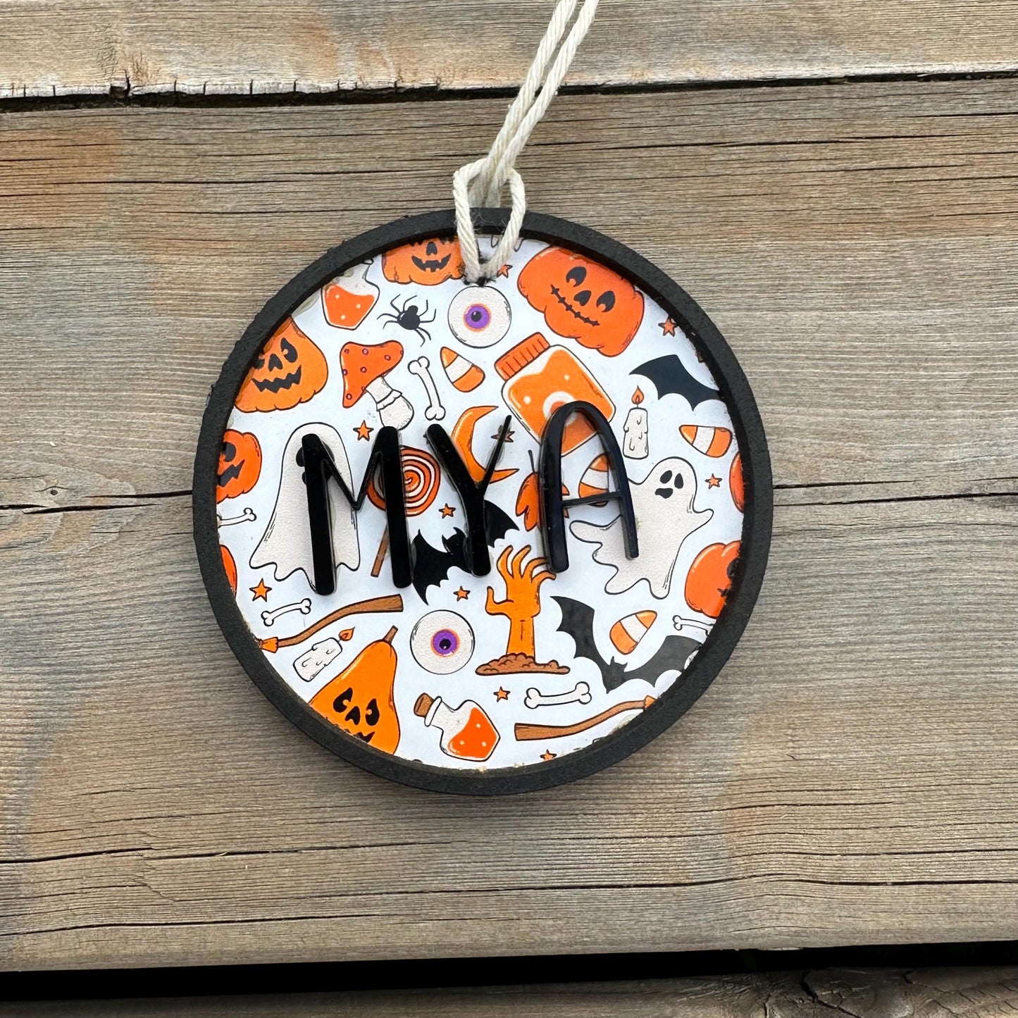 Personalized Halloween Ornament: Acrylic & Wood Pumpkin Name Tag