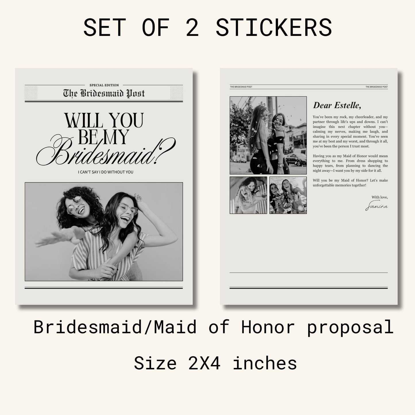 Bridesmaid Proposal Stickers: Newspaper Style - Set of 2