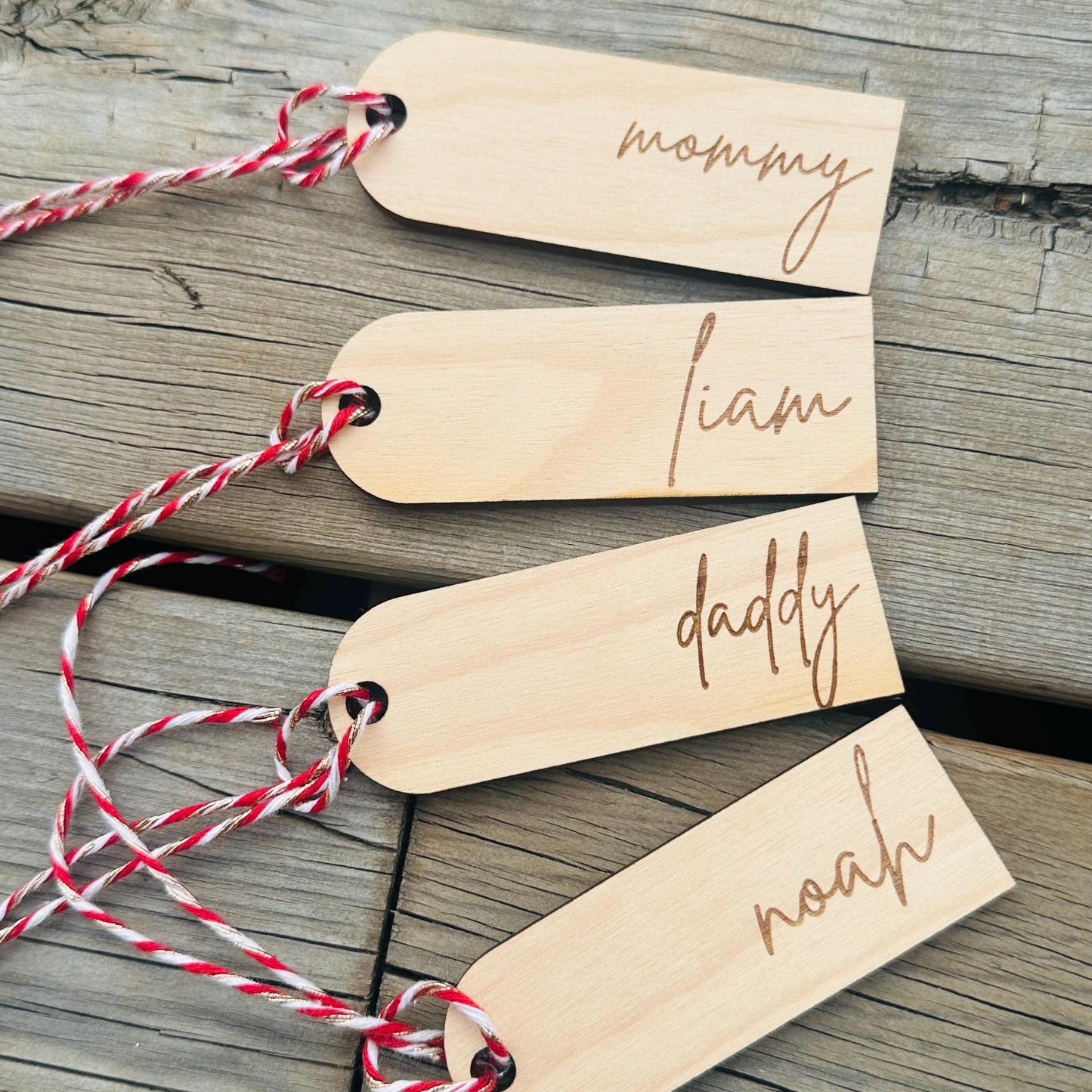 Personalized Engraved Birch Wood Christmas Stocking Tags: 3-inch
