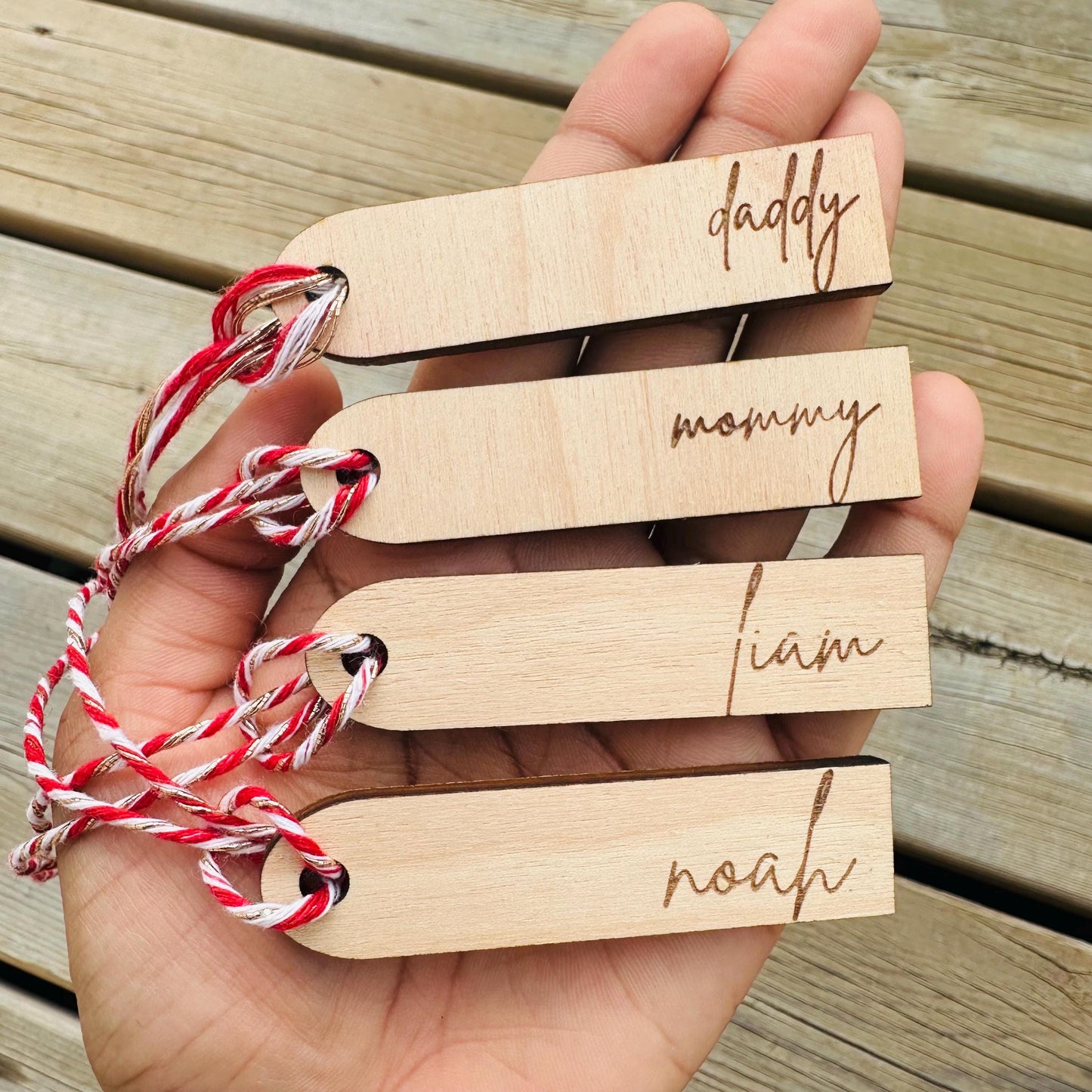 Personalized Engraved Birch Wood Christmas Stocking Tags: 3-inch