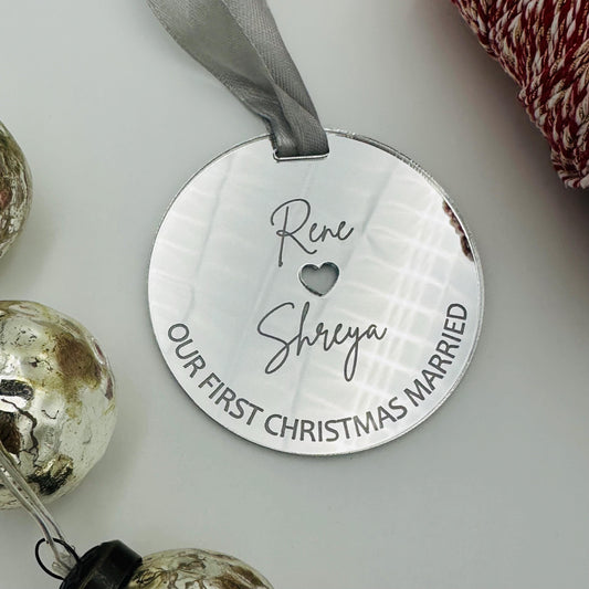 Personalized Silver Mirror Acrylic Ornament: Newly Married Gift