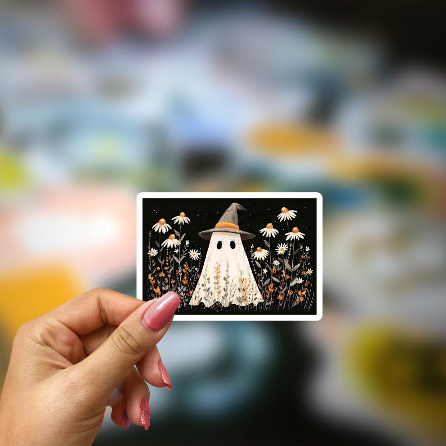 Floral Ghost Sticker: Waterproof Vinyl Halloween Decal