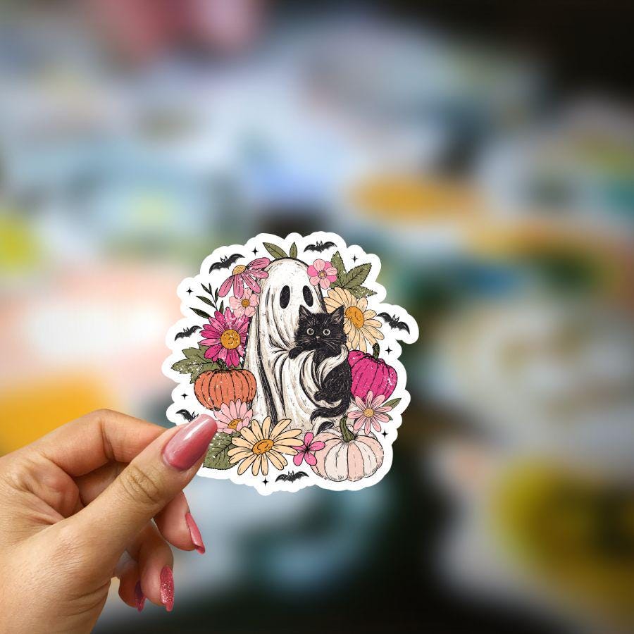 Boo Ghost with Black Cat Sticker: Waterproof Halloween Vinyl Decal