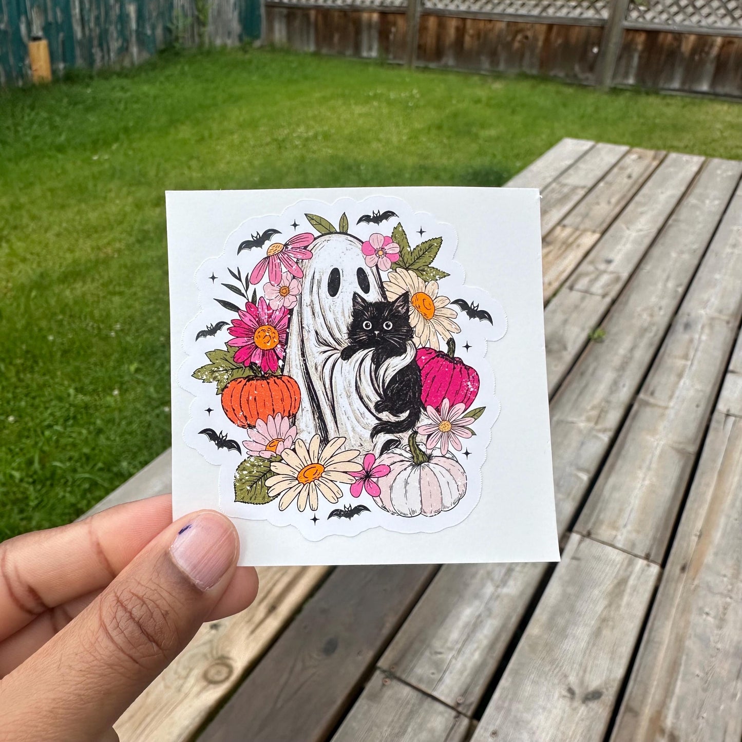 Boo Ghost with Black Cat Sticker: Waterproof Halloween Vinyl Decal