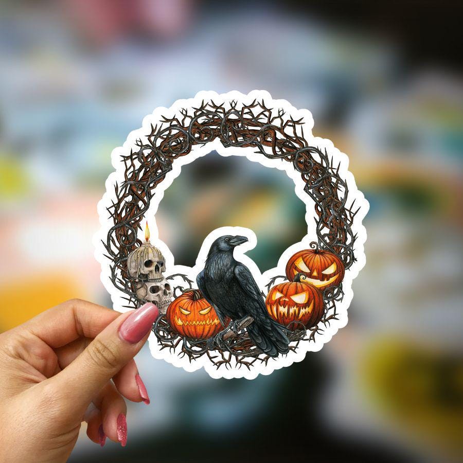Spooky Halloween Wreath Sticker: Crow, Pumpkin, Skull - Waterproof Vinyl