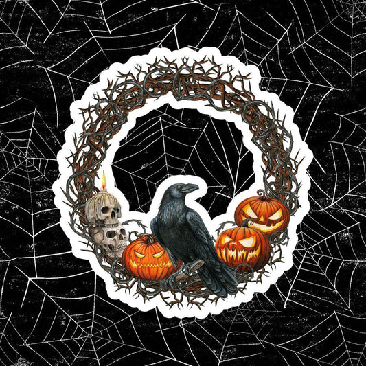 Spooky Halloween Wreath Sticker: Crow, Pumpkin, Skull - Waterproof Vinyl