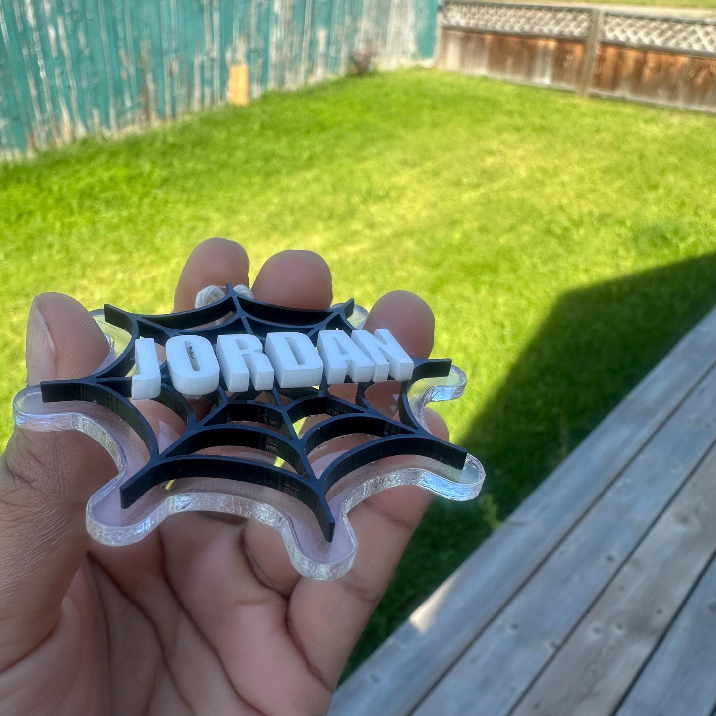 Personalized Acrylic Halloween Basket Tag: Spider Web Charm