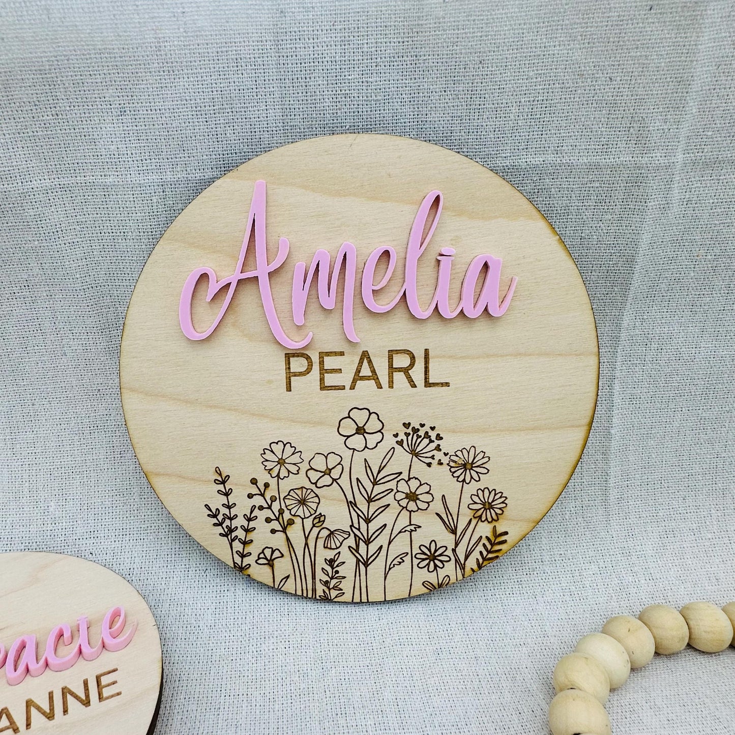 Wild flower Wooden Birth Announcement Sign: 3D Baby Name Photo Prop