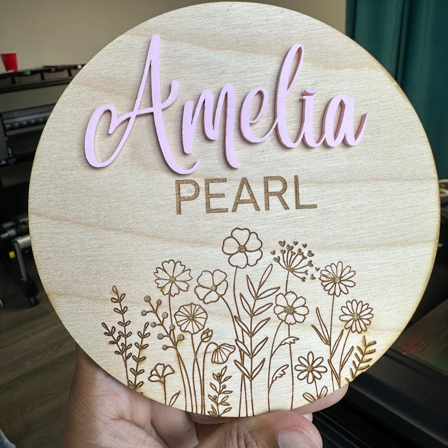 Wild flower Wooden Birth Announcement Sign: 3D Baby Name Photo Prop