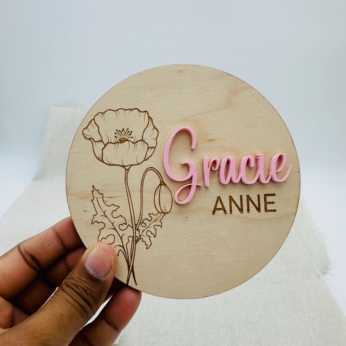 3D Wooden Baby Name Announcement Sign with Birth month flower: Newborn Photo Prop