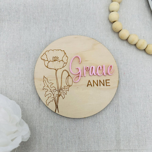 3D Wooden Baby Name Announcement Sign with Birth month flower: Newborn Photo Prop