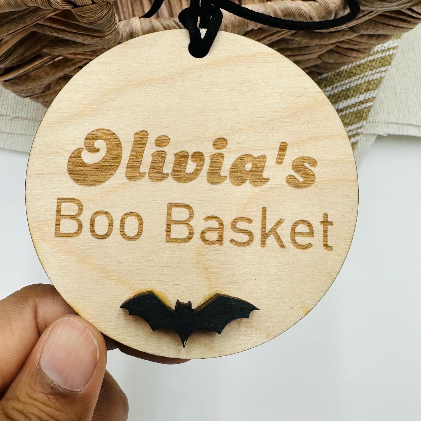 Personalized Halloween Boo Basket Tag: Engraved Wood Bat Design