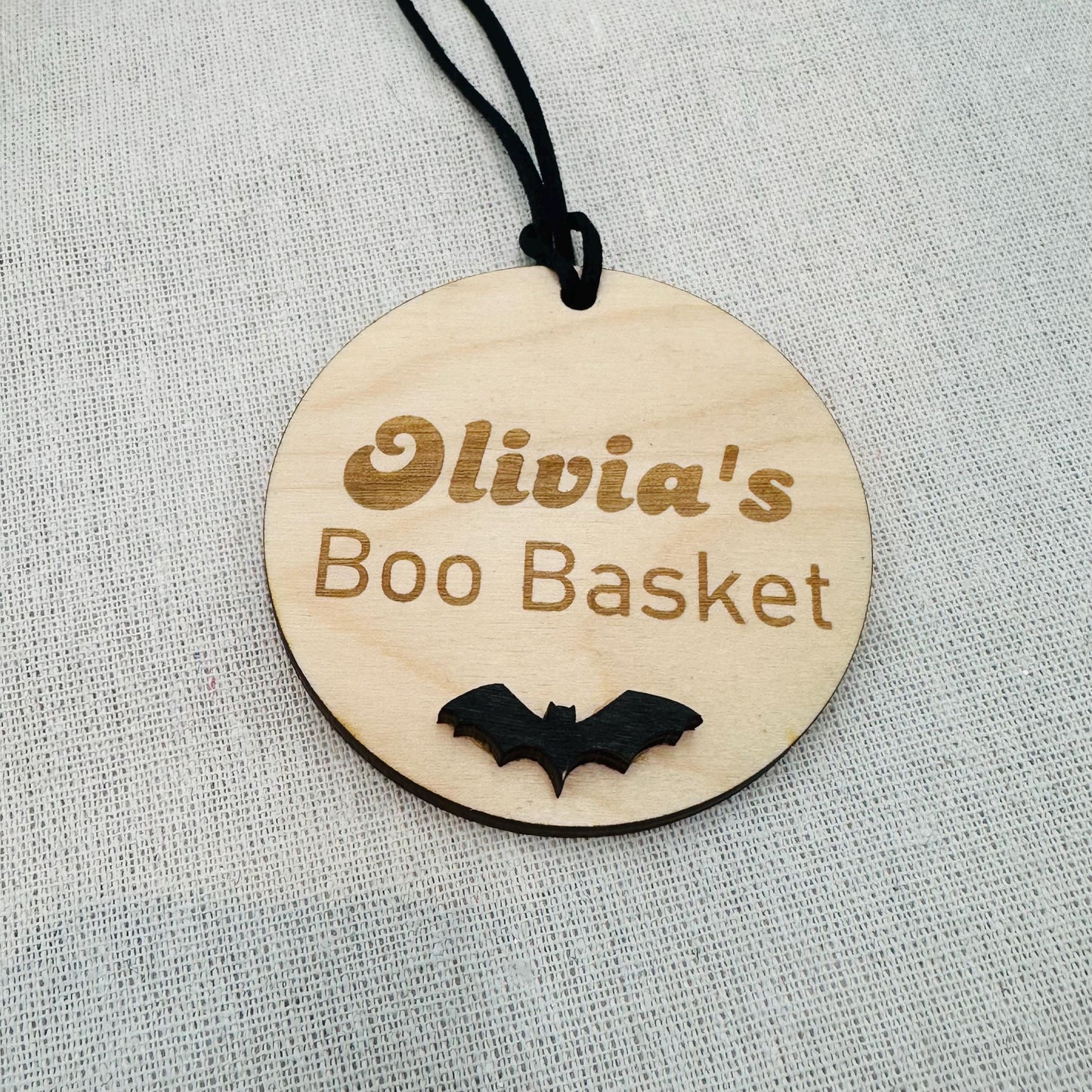 Personalized Halloween Boo Basket Tag: Engraved Wood Bat Design