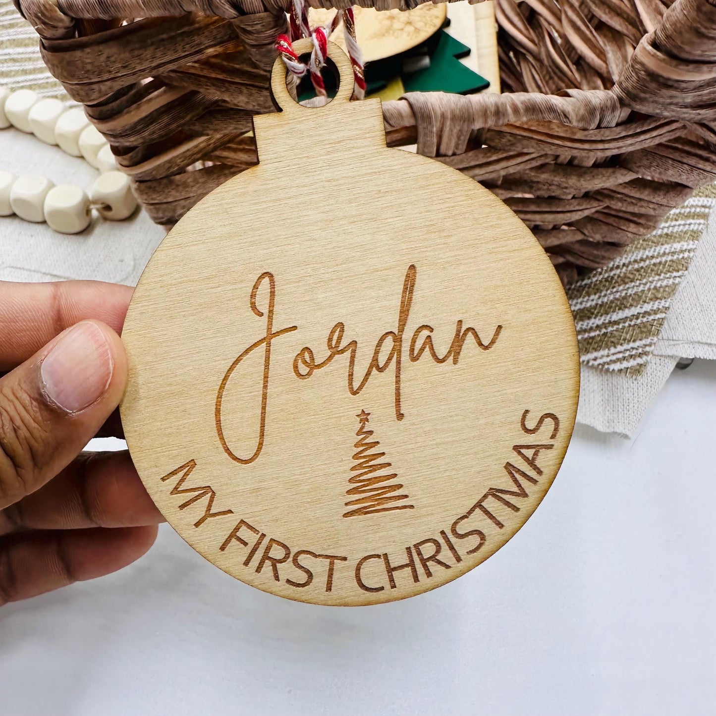 Personalized Baby's First Christmas Ornament: Engraved Birch Wood Tag