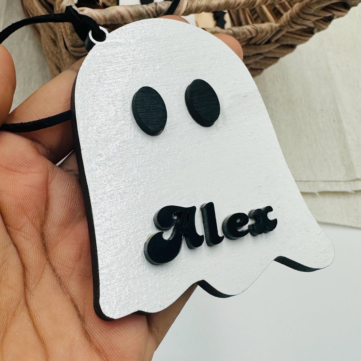 Personalized Wooden Boo Basket Tag: Custom Halloween Name Tag