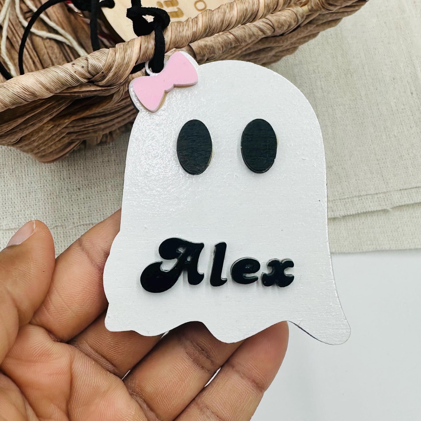 Personalized Wooden Boo Basket Tag: Custom Halloween Name Tag
