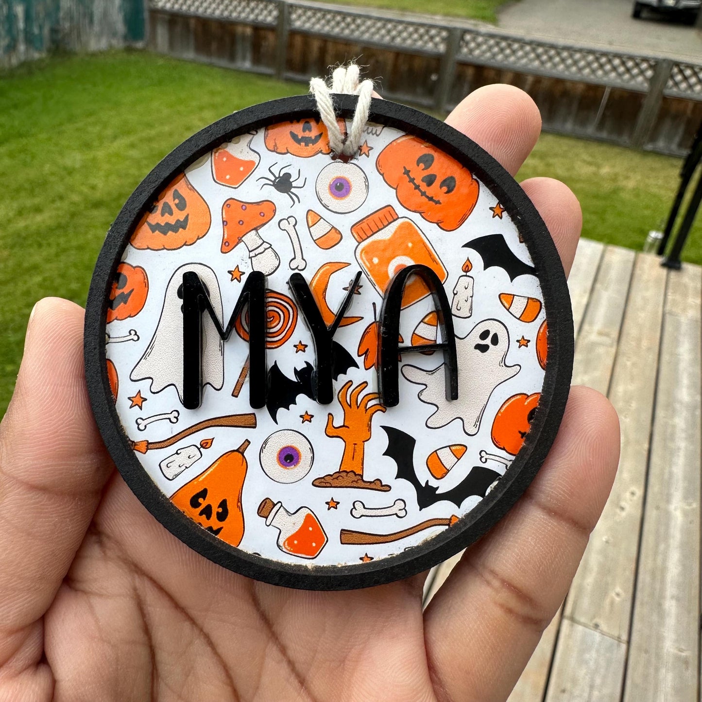 Personalized Halloween Ornament: Acrylic & Wood Pumpkin Name Tag