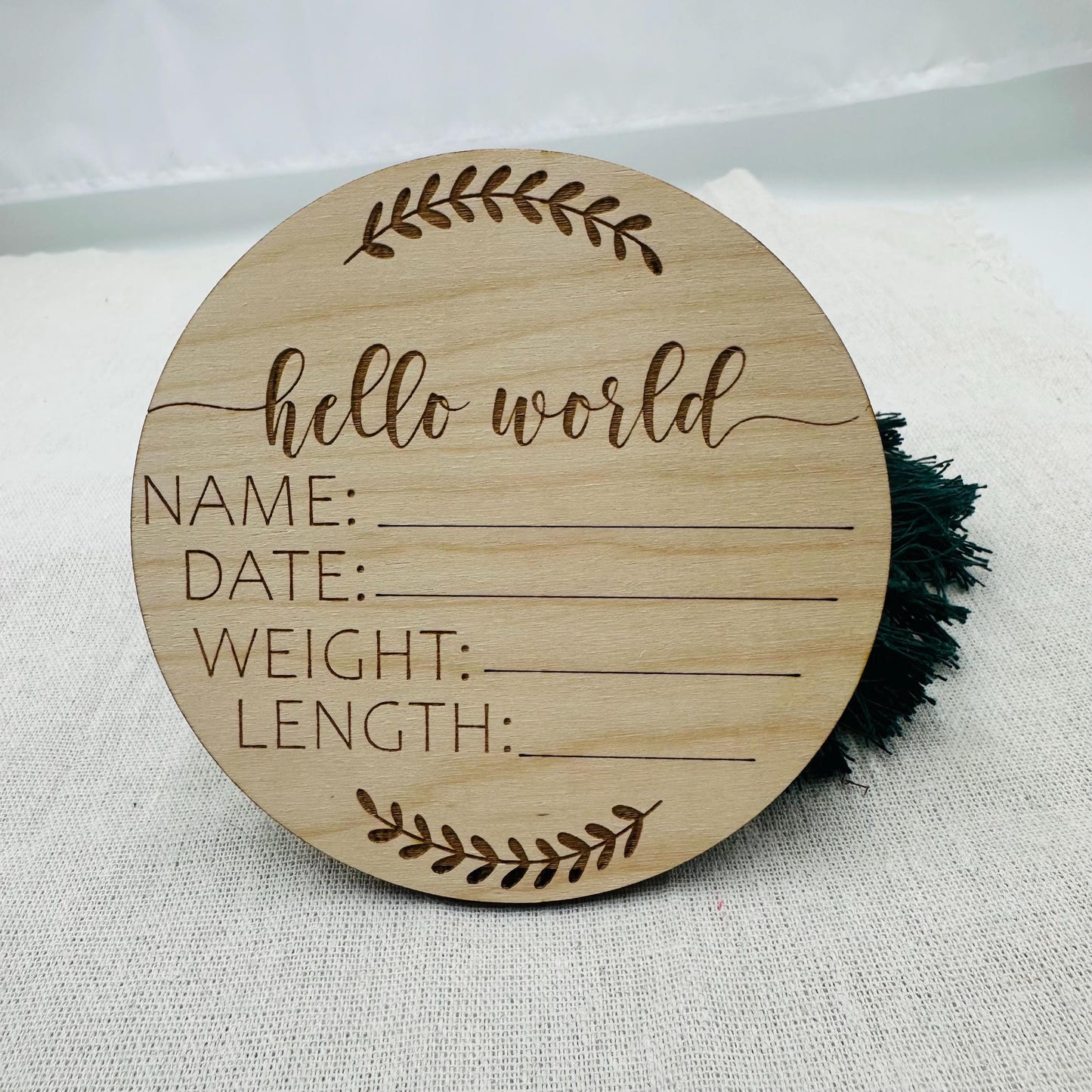 Engraved Wood Hello World Baby Announcement Sign: Newborn Photo Prop