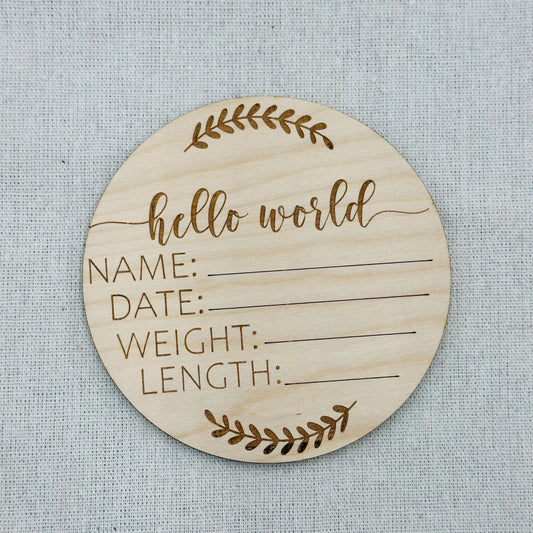 Engraved Wood Hello World Baby Announcement Sign: Newborn Photo Prop