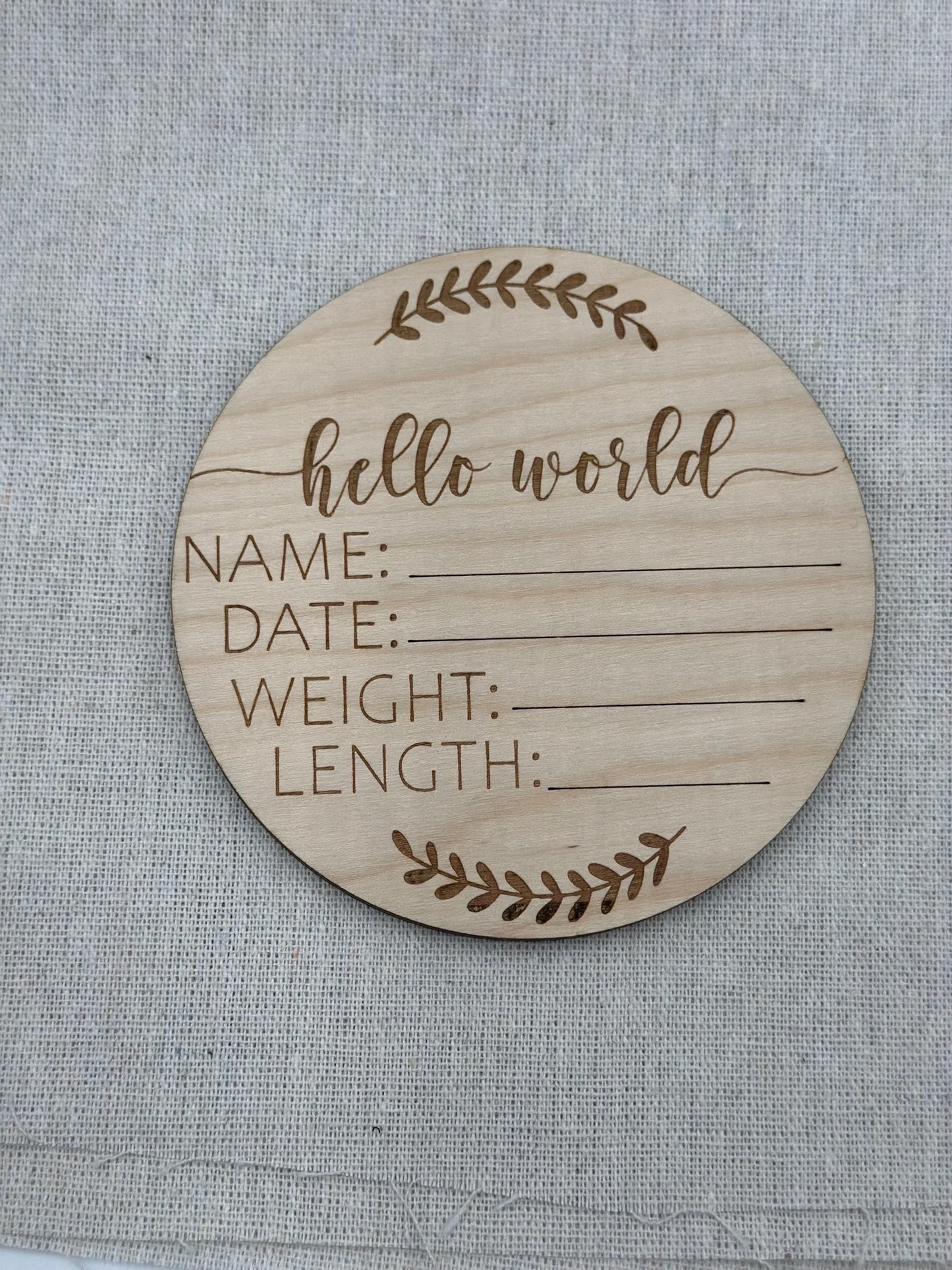 Engraved Wood Hello World Baby Announcement Sign: Newborn Photo Prop