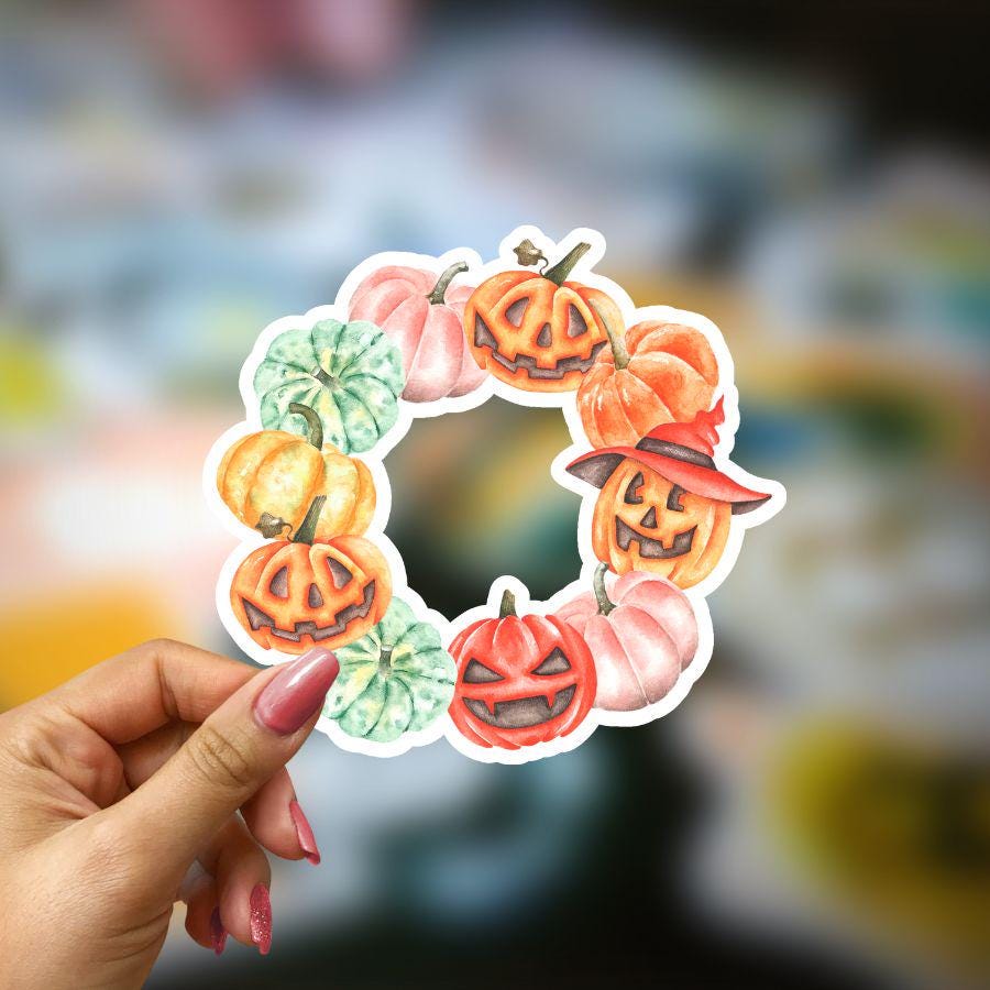 Spooky Pumpkin Wreath Sticker: Waterproof Halloween Vinyl Decal