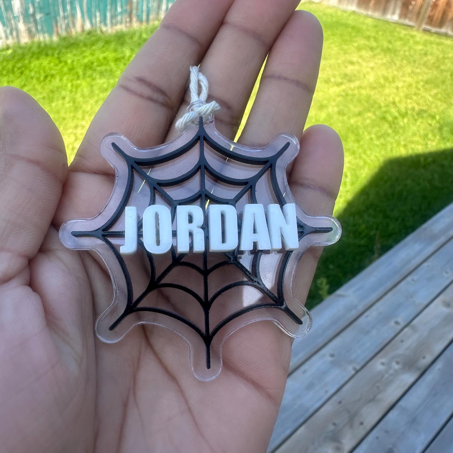 Personalized Acrylic Halloween Basket Tag: Spider Web Charm