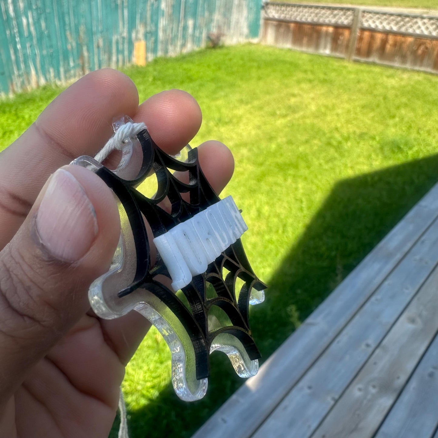 Personalized Acrylic Halloween Basket Tag: Spider Web Charm