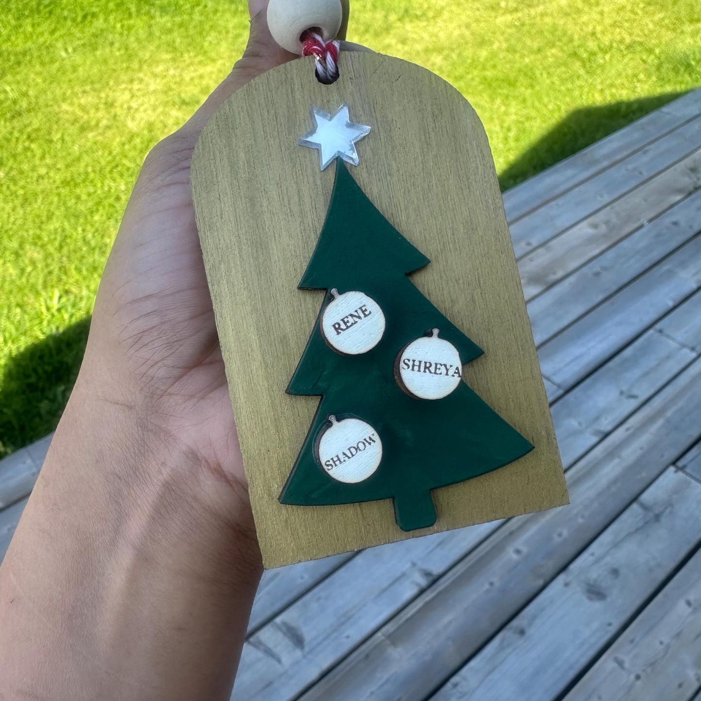 Personalized Engraved Wood Christmas Stocking Tags: Rustic Birch & Acrylic