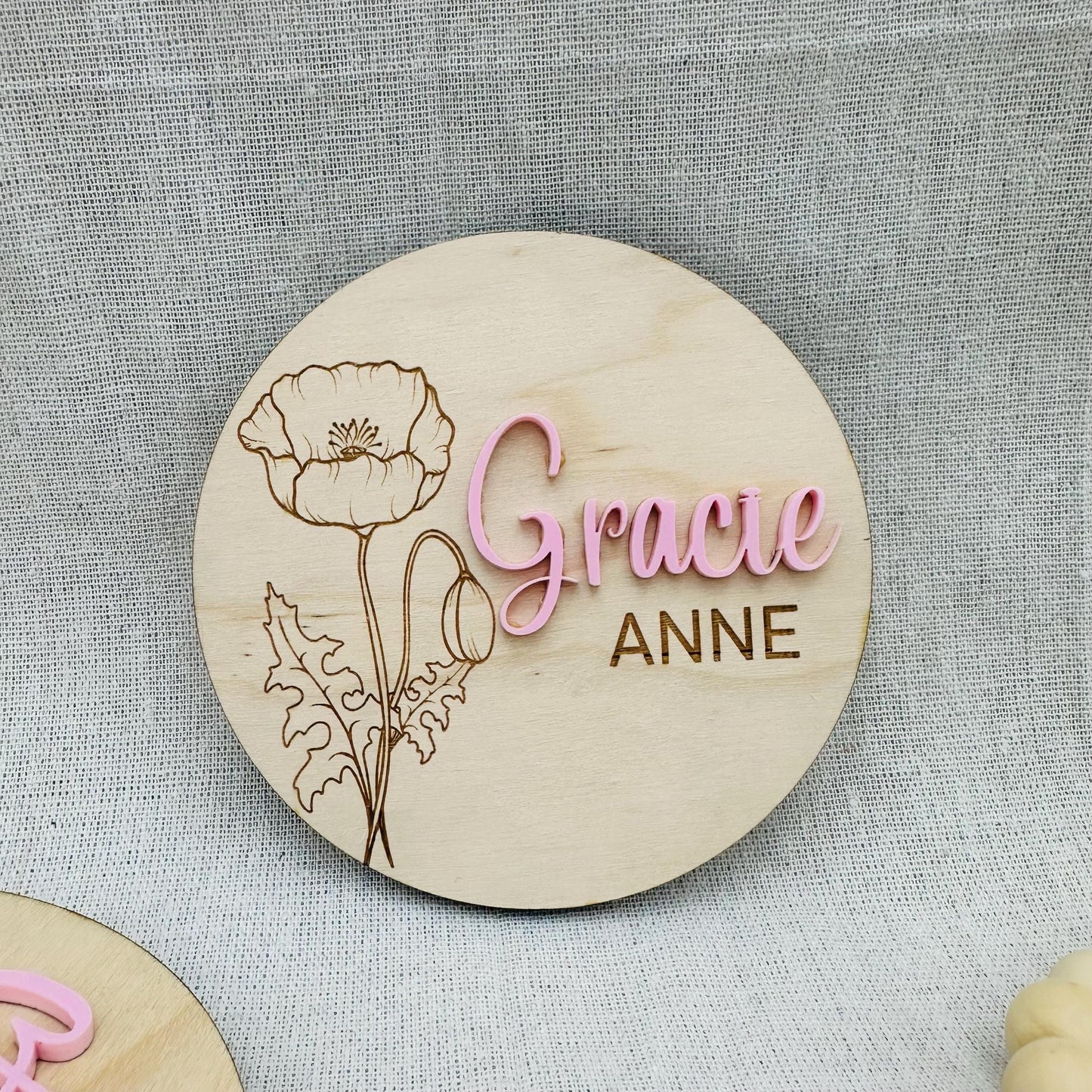 3D Wooden Baby Name Announcement Sign with Birth month flower: Newborn Photo Prop