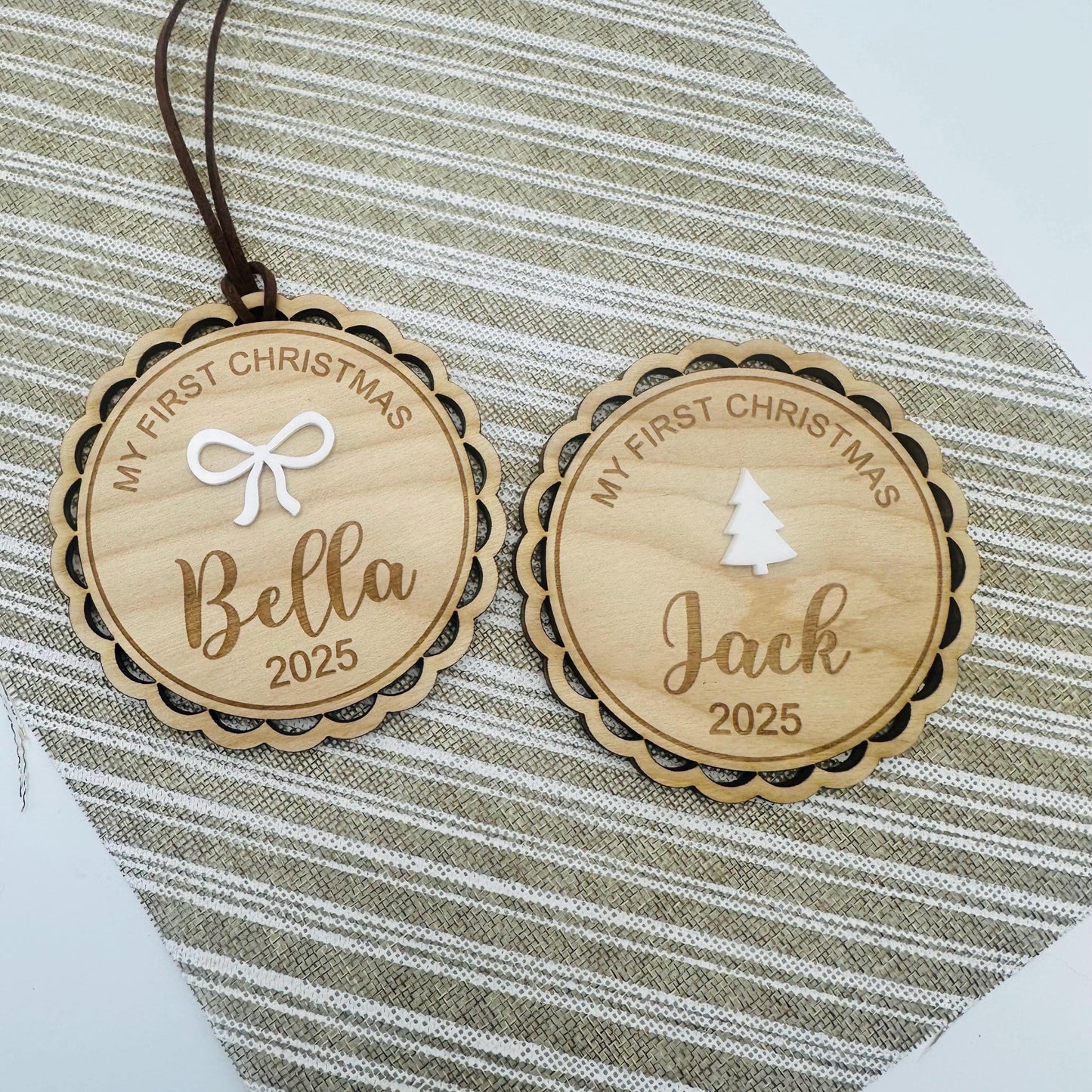 Personalized 1st Christmas Ornament: Acrylic Bow or Christmas tree option with Brown leather tag