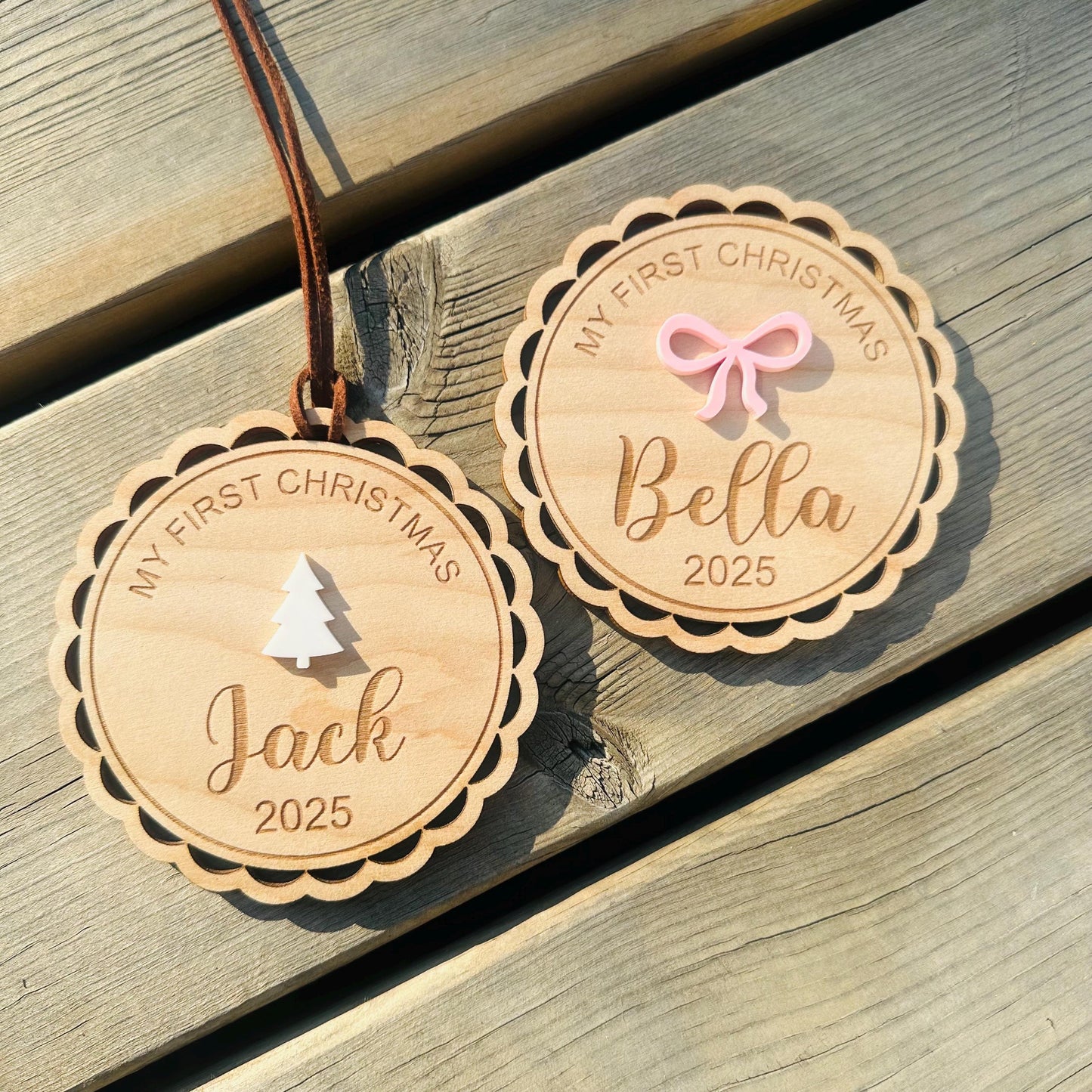 Personalized 1st Christmas Ornament: Acrylic Bow or Christmas tree option with Brown leather tag