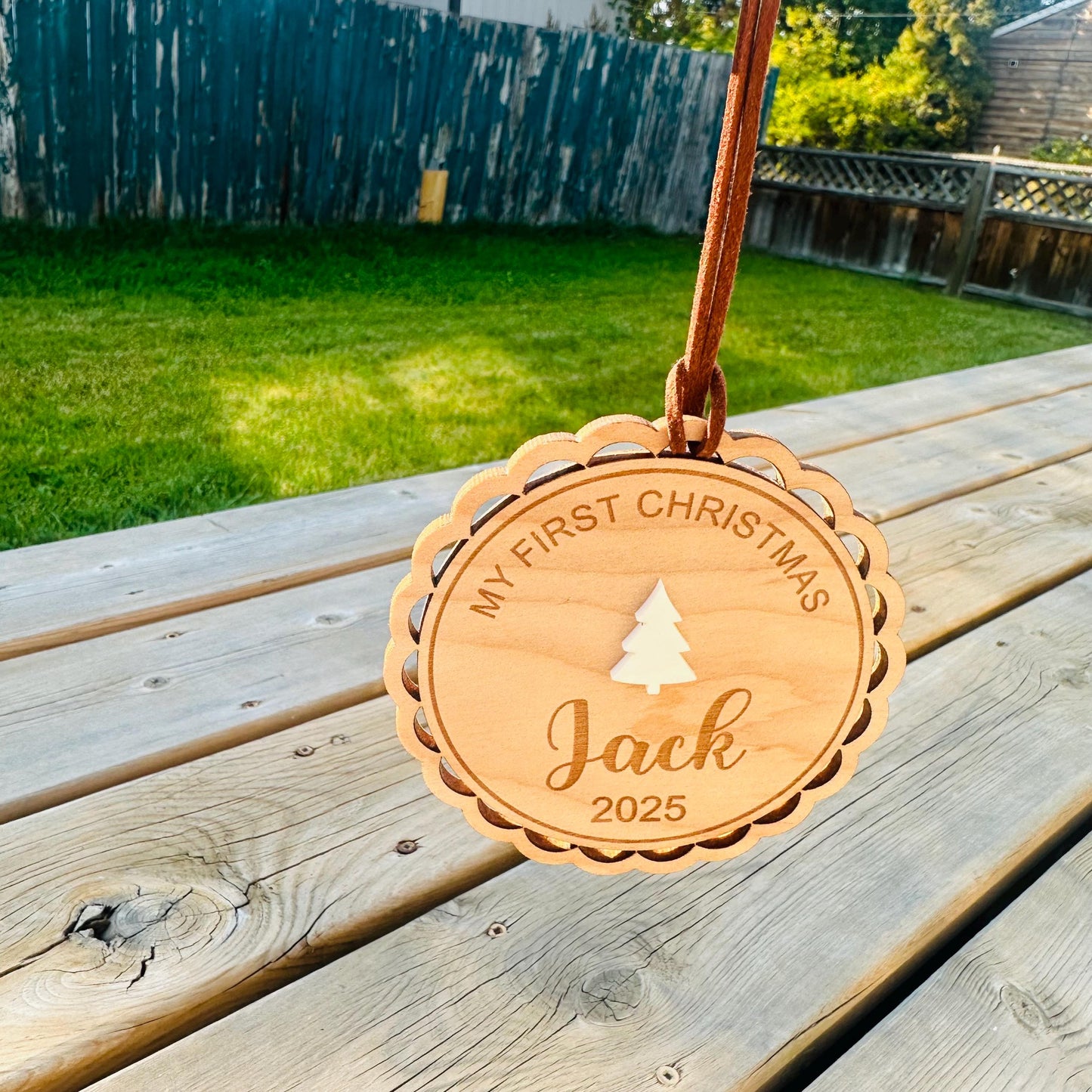 Personalized 1st Christmas Ornament: Acrylic Bow or Christmas tree option with Brown leather tag