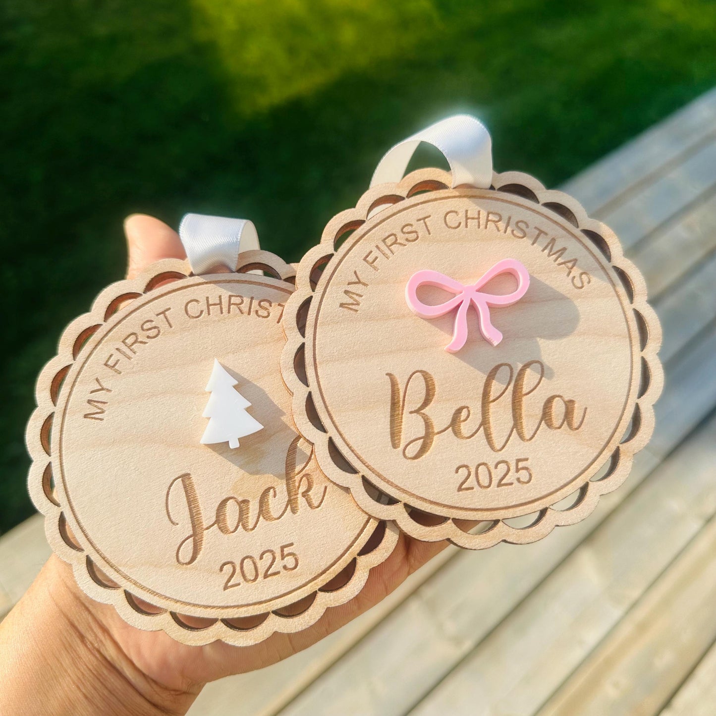 Personalized 1st Christmas Ornament: Acrylic Bow or Christmas tree option with Silver Satin Ribbon