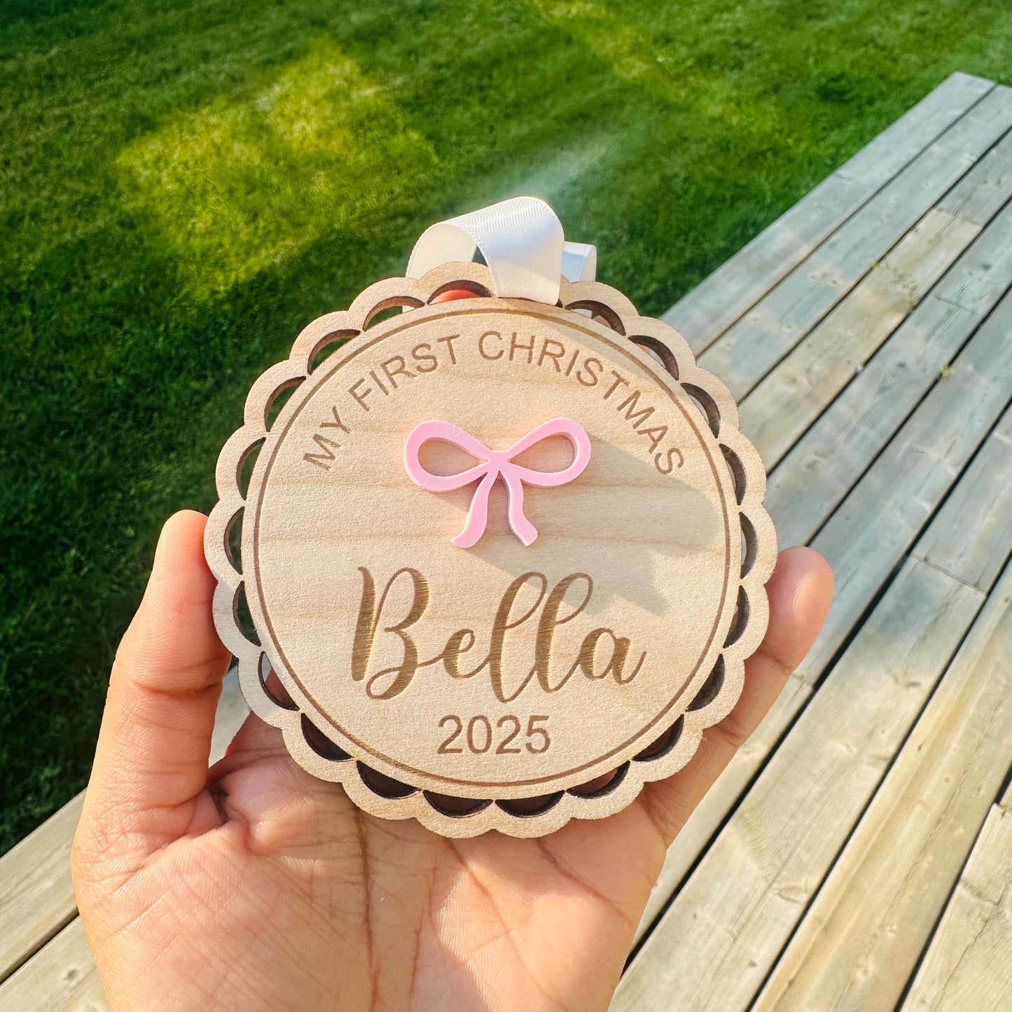 Personalized 1st Christmas Ornament: Acrylic Bow or Christmas tree option with Silver Satin Ribbon