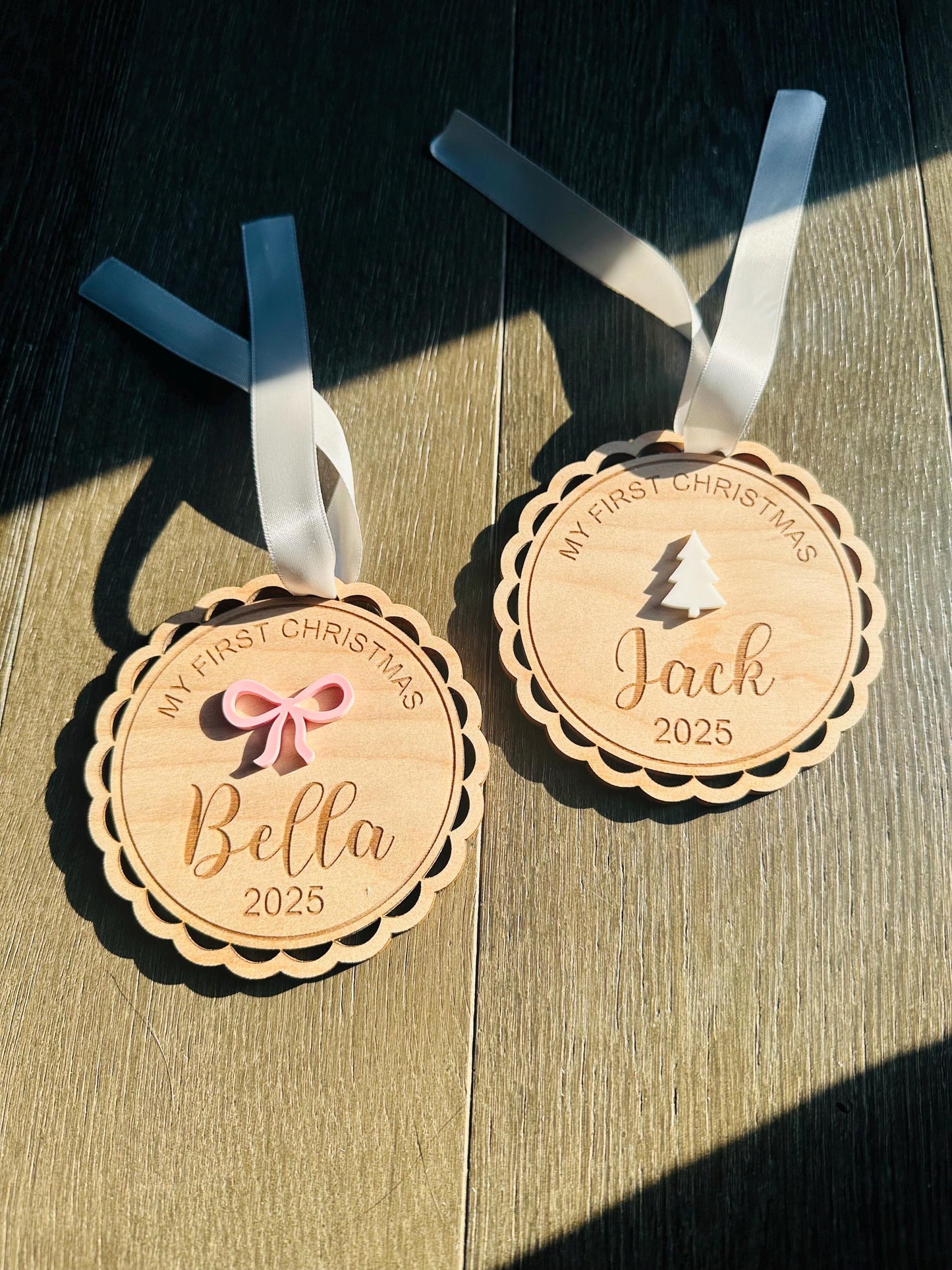Personalized 1st Christmas Ornament: Acrylic Bow or Christmas tree option with Silver Satin Ribbon