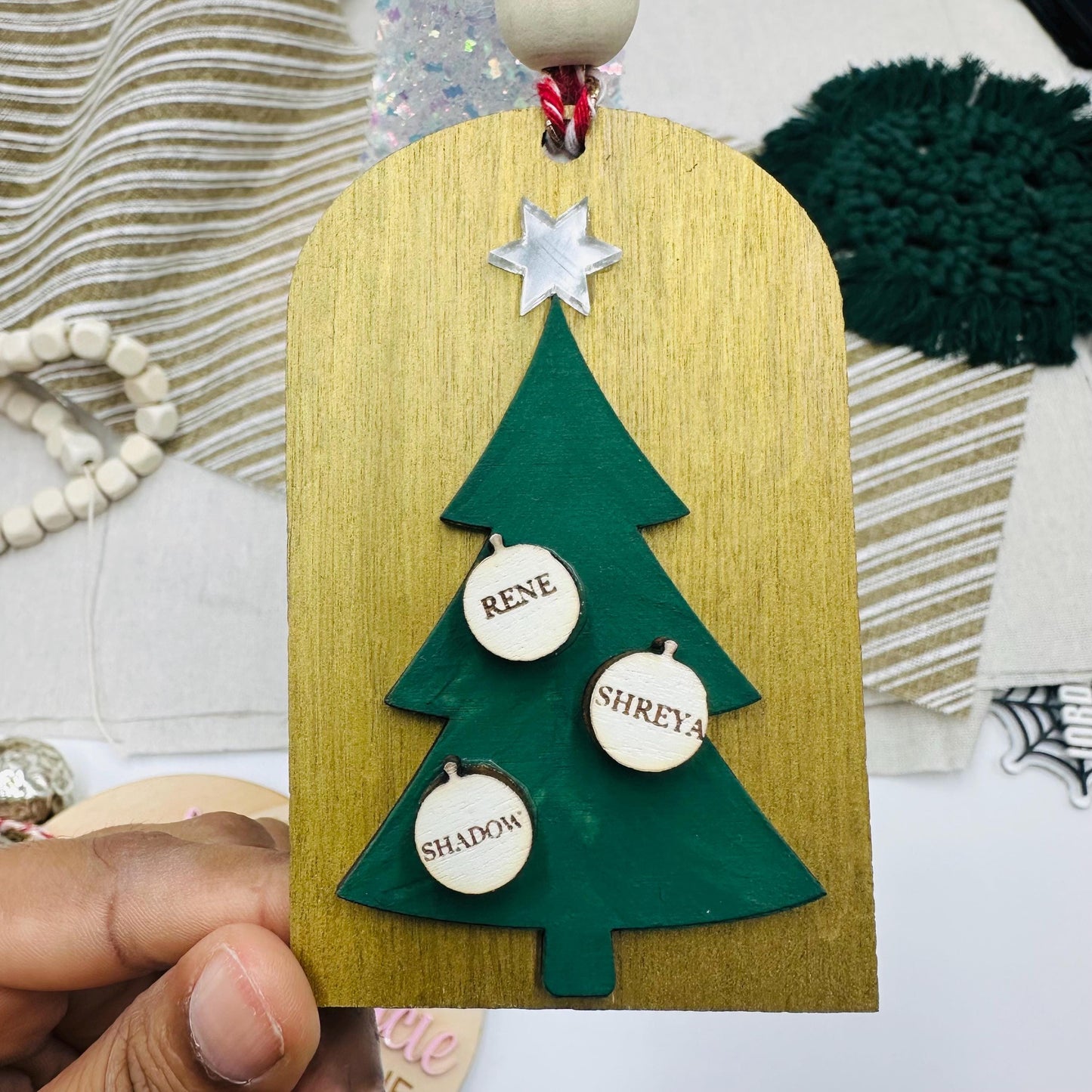 Personalized Engraved Wood Christmas Stocking Tags: Rustic Birch & Acrylic