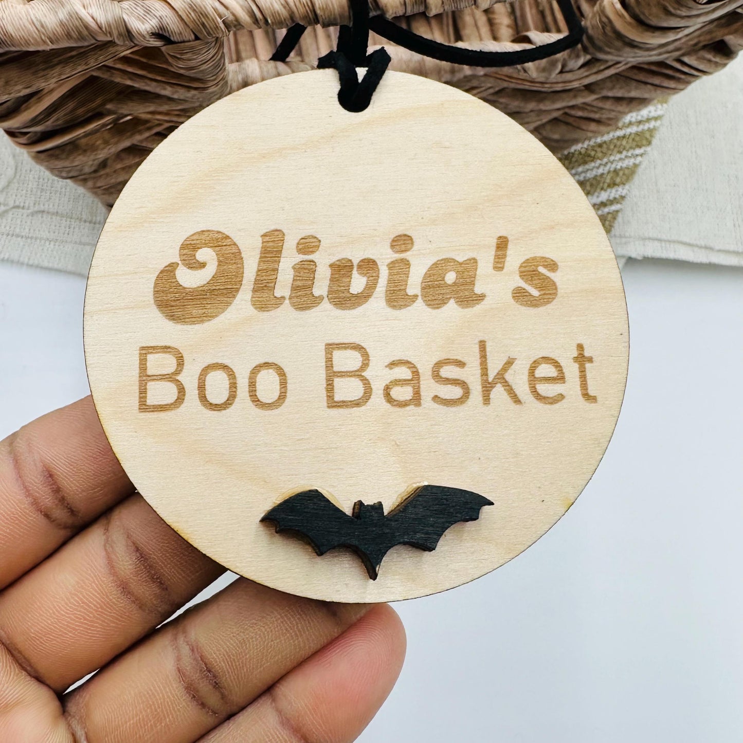 Personalized Halloween Boo Basket Tag: Engraved Wood Bat Design