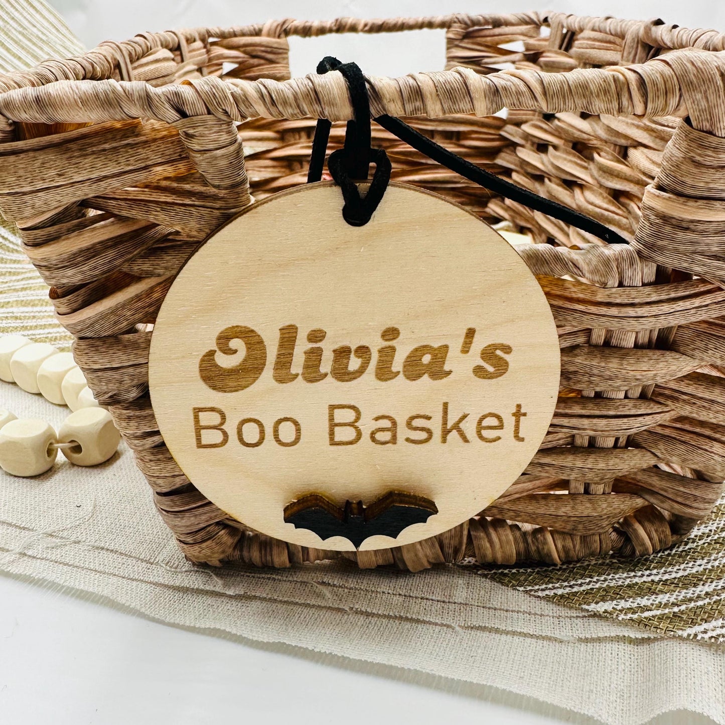 Personalized Halloween Boo Basket Tag: Engraved Wood Bat Design