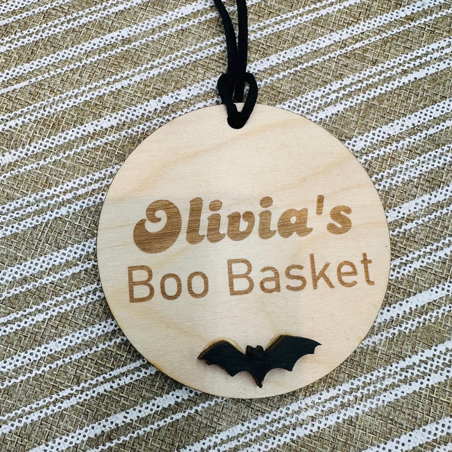 Personalized Halloween Boo Basket Tag: Engraved Wood Bat Design